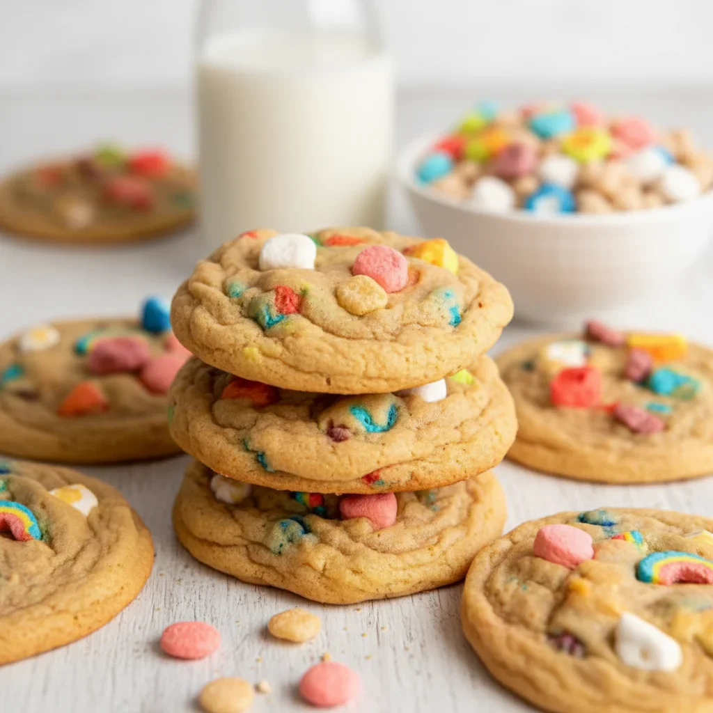 Cookies decorated with colorful cereal pieces, with a bowl of cereal and a glass of milk in the background.