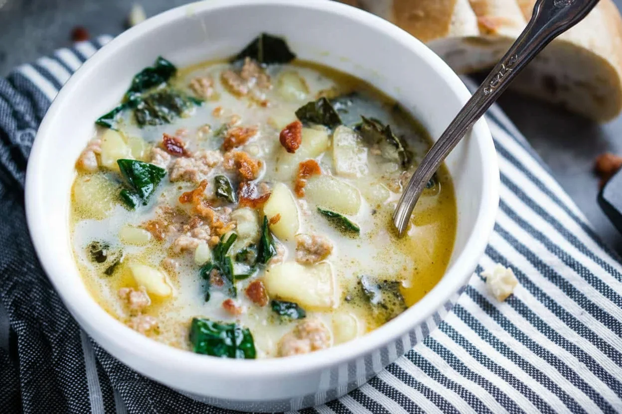 A bowl of creamy soup with vegetables, meat, and melted cheese, served with bread on a rustic surface.