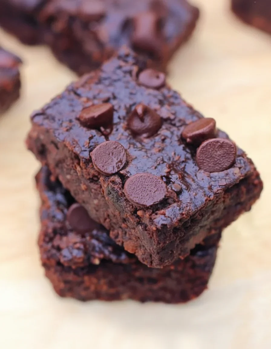 Two stacked chocolate brownies with melted chocolate chips on top, on a light wooden surface.