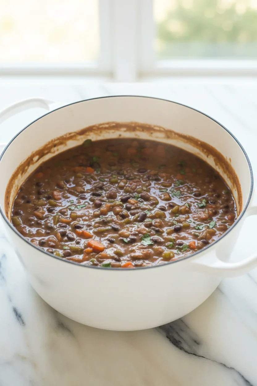 black-bean-soup-in-pot.jpg Hearty bean stew with black beans and vegetables in a white enamel pot on a marble surface.