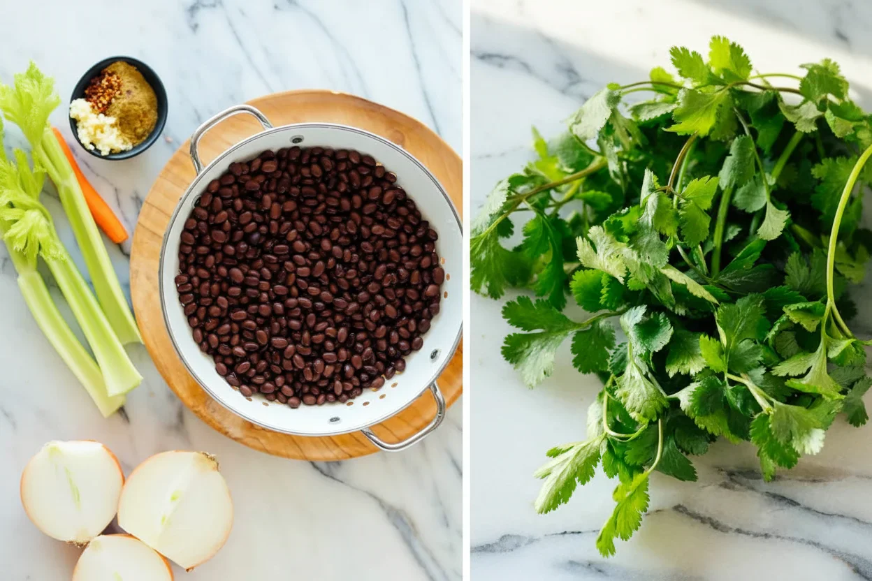 black-bean-soup-ingredients.jpg Close-up of fresh green cilantro leaves and a pot of black beans on a marble surface.