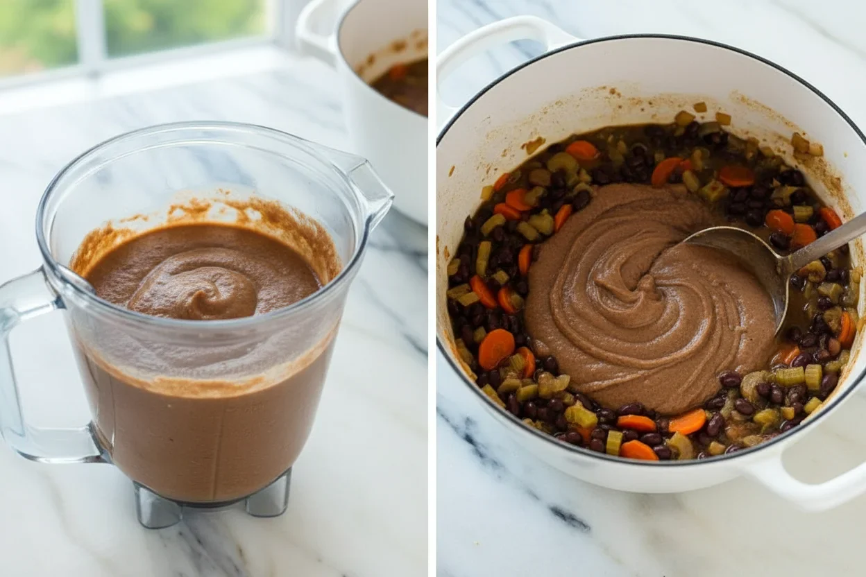 blended-portion-of-soup.jpg Close-up of a thick, dark brown stew with visible carrots and beans, swirled on top in a white bowl.