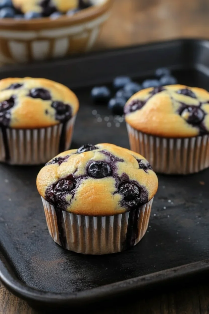 Three blueberry muffins in paper liners on a dark surface, with blueberries visible on top and purple juice.