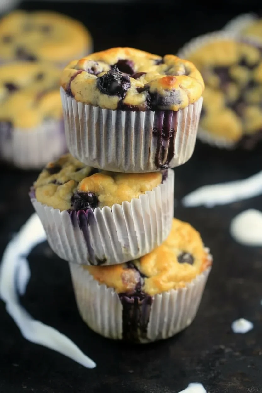 Stacked blueberry muffins with bursting blueberries and golden tops on a dark surface.
