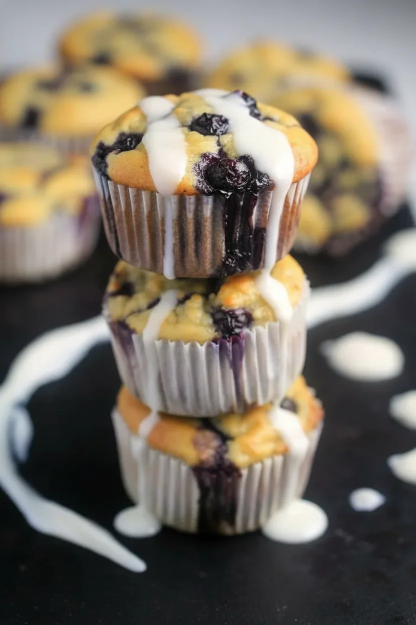 Stack of three blueberry muffins with blueberries and golden tops on a dark surface, with blurred muffins in background.
