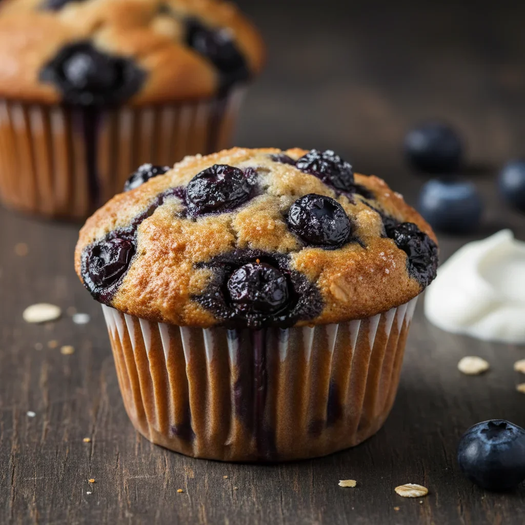 Close-up of a blueberry oatmeal Greek yogurt muffin with blueberries and a golden top on a dark background.