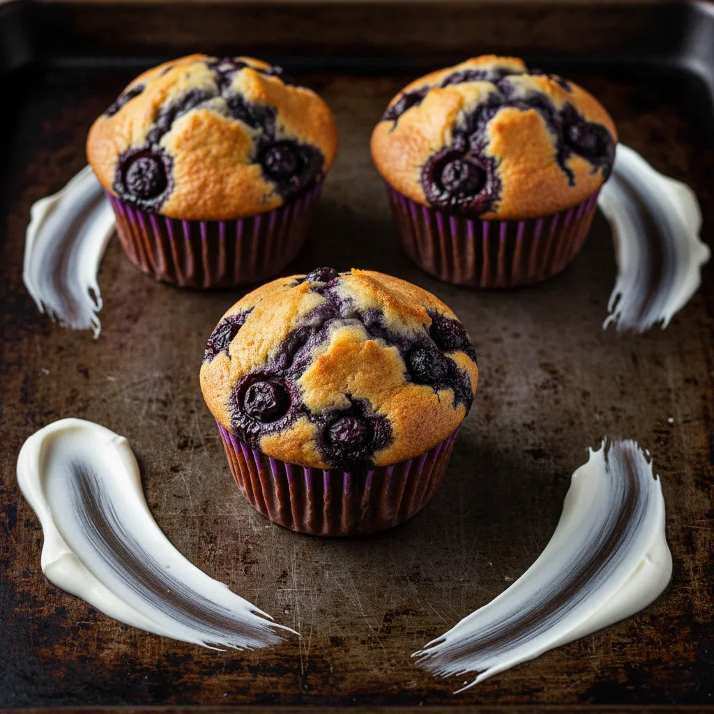Three blueberry muffins in paper liners on a dark surface, with visible blueberries and a golden-brown top.