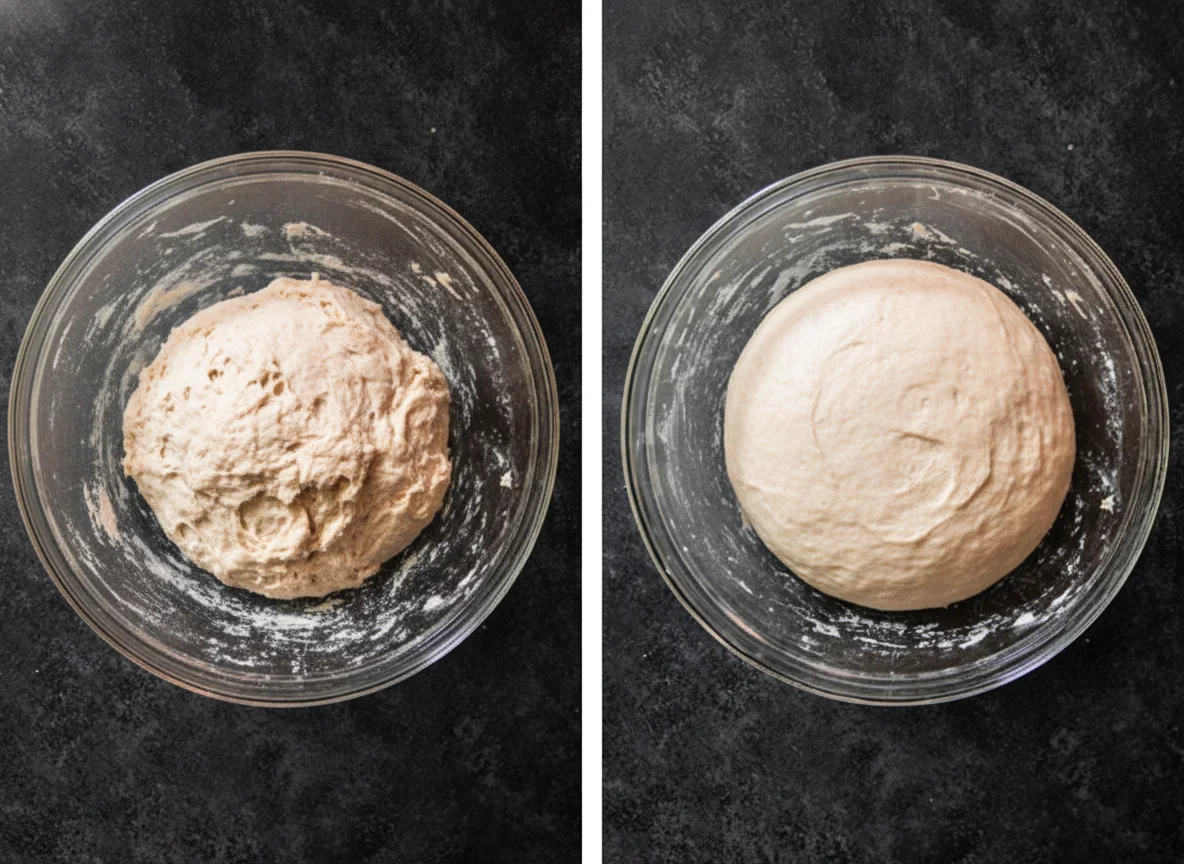 Two photos of dough in a glass bowl, showing rough dough on the left and smooth dough on the right.