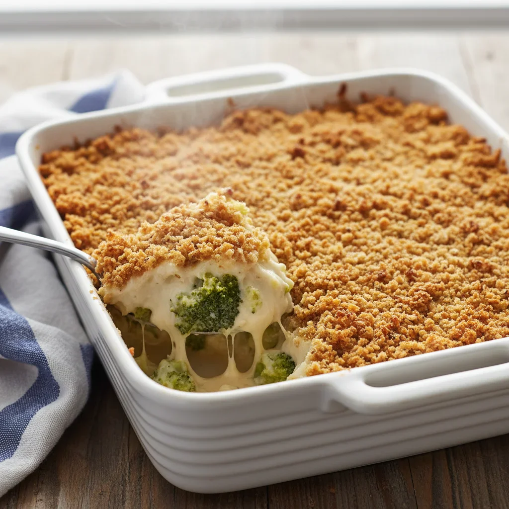 Close-up of broccoli and cheese casserole with crispy breadcrumb topping in a white dish.