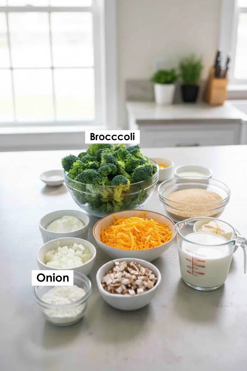 Array of fresh ingredients including broccoli, cheese, eggs, milk, and vegetables prepared for recipe