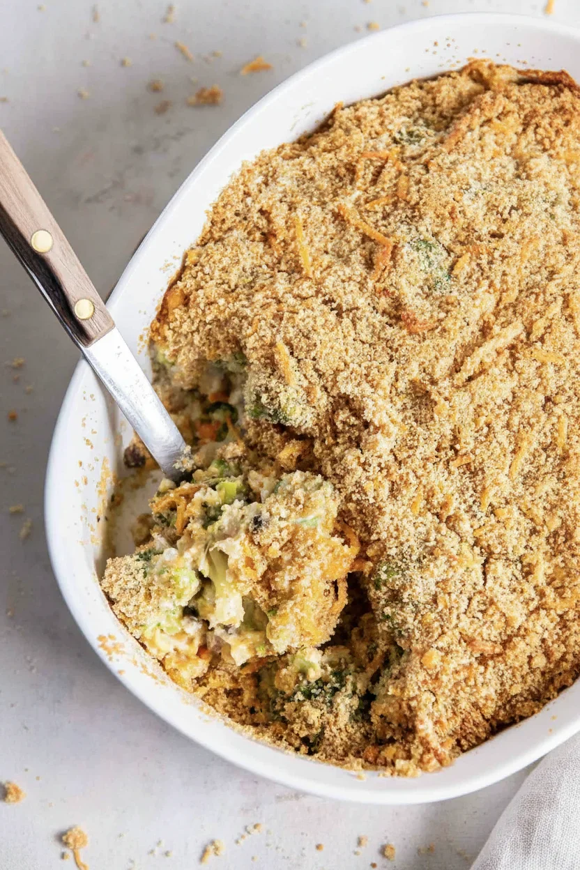 Baked casserole with golden breadcrumb topping and vegetable filling visible in a spoonful.