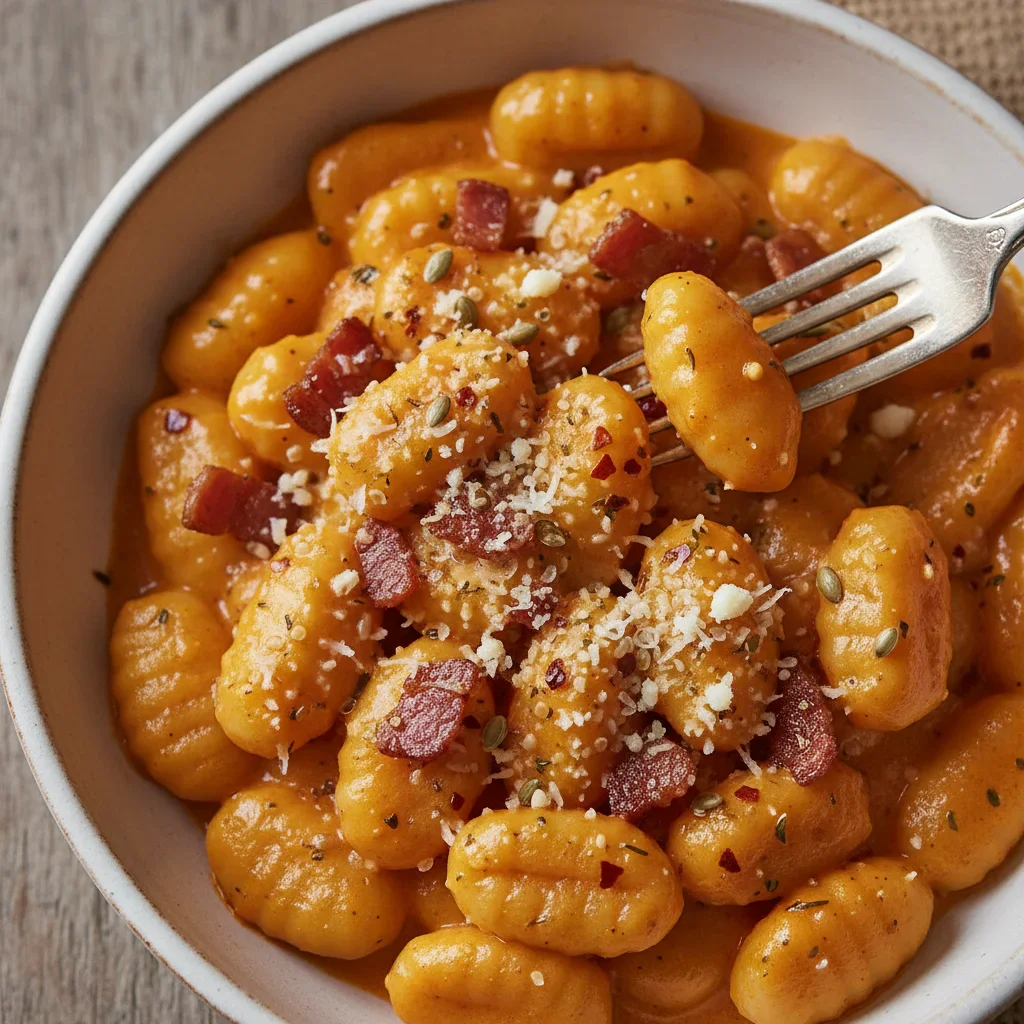 butter-beans.jpg Close-up of gnocchi in a creamy orange sauce topped with crispy bacon bits and cheese crumbles.