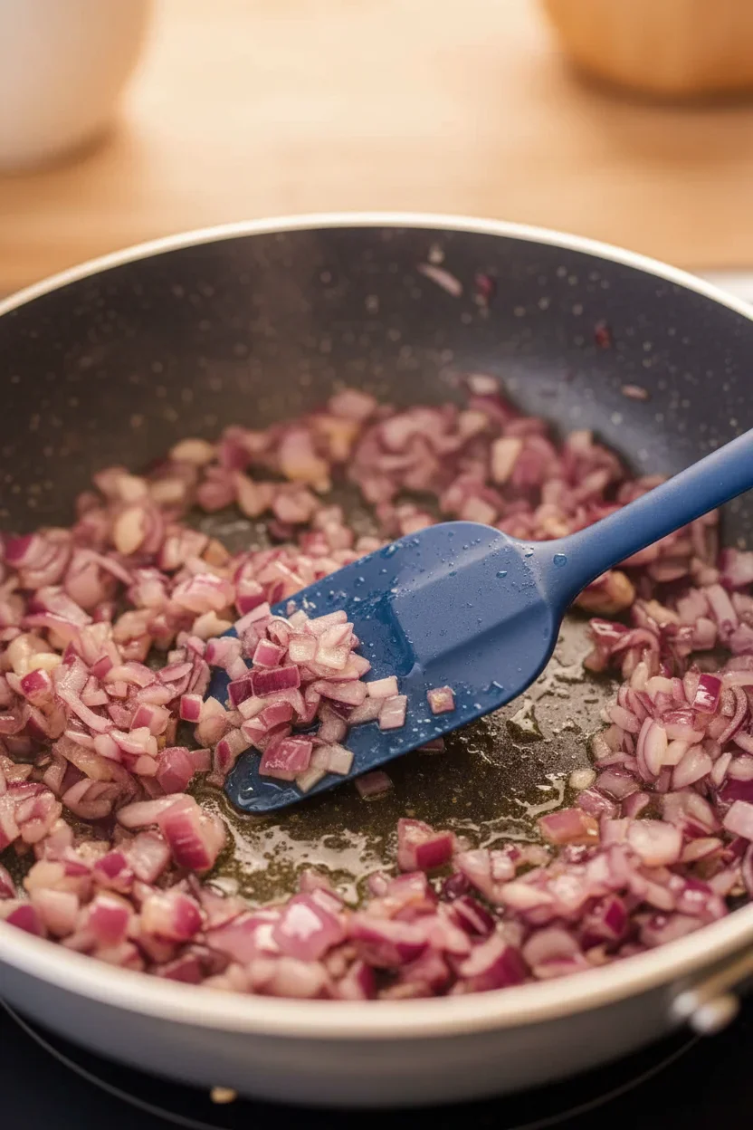 butter-beans-recipe-1.jpg Chopped red onions being sautéed in a gray non-stick pan with a blue spatula.