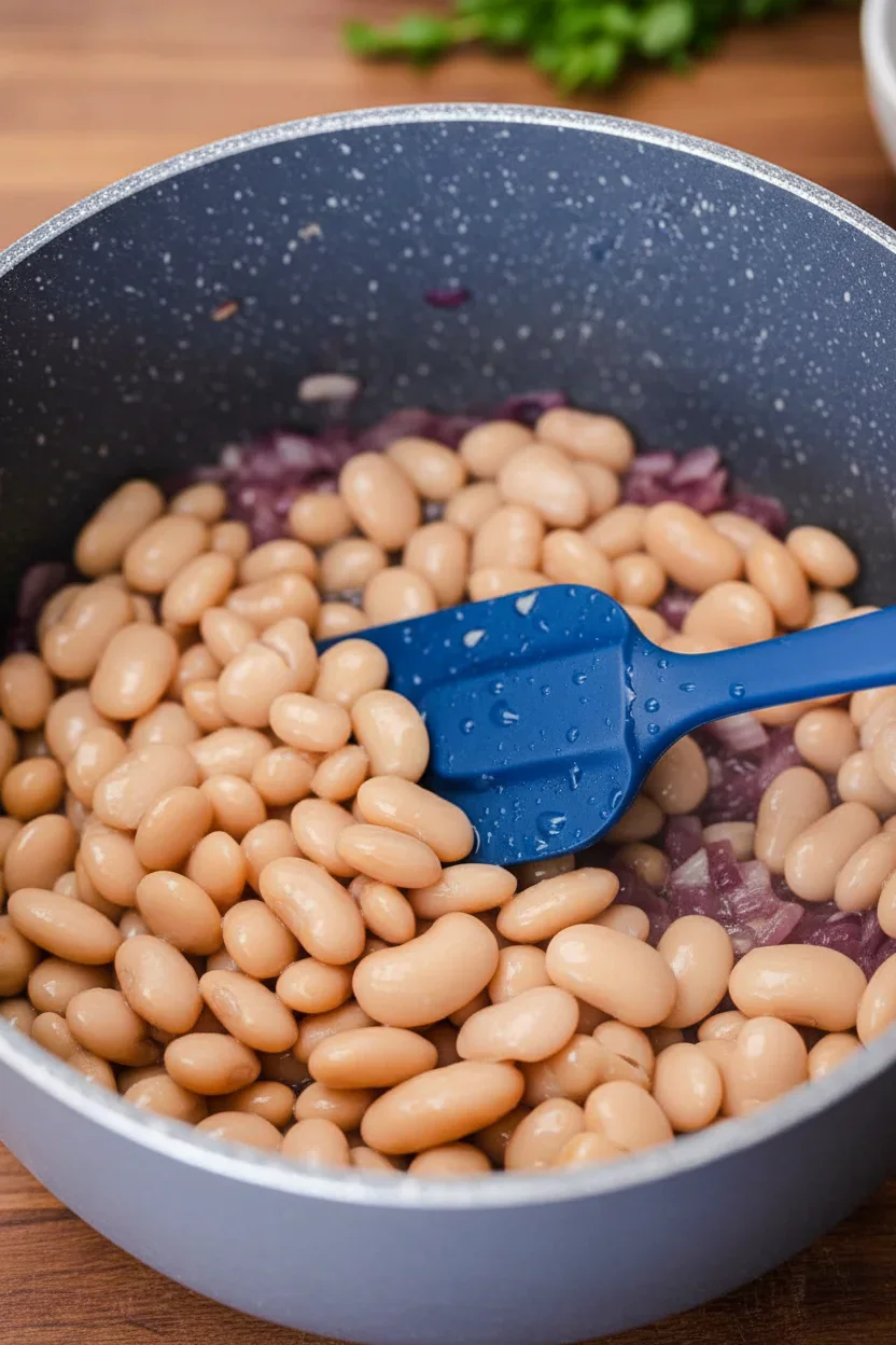 butter-beans-recipe-2.jpg White beans and chopped red onions being stirred in a gray speckled pot with a blue spatula.