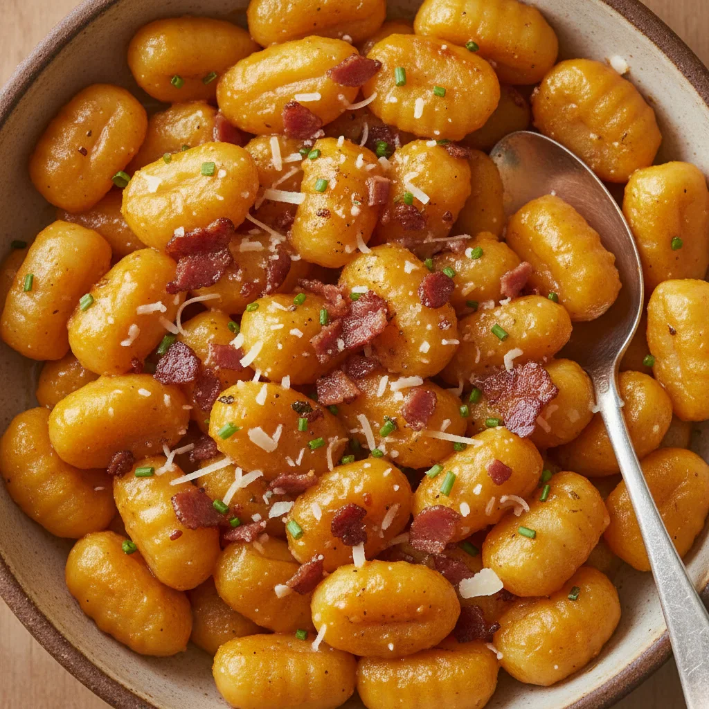 butter-beans-recipe-21.jpg Gnocchi coated in orange sauce with bacon bits, cheese, and herbs in a white bowl with a spoon.