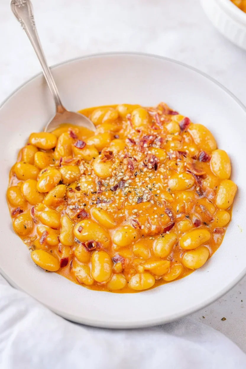 butter-beans-recipe-29.jpg Creamy gnocchi with bacon bits and grated cheese in a white bowl, with a silver spoon inside.