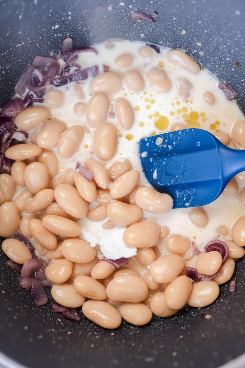 butter-beans-recipe-3.jpg Close-up of beans, onions, and creamy liquid in a pot with a blue spatula during cooking.
