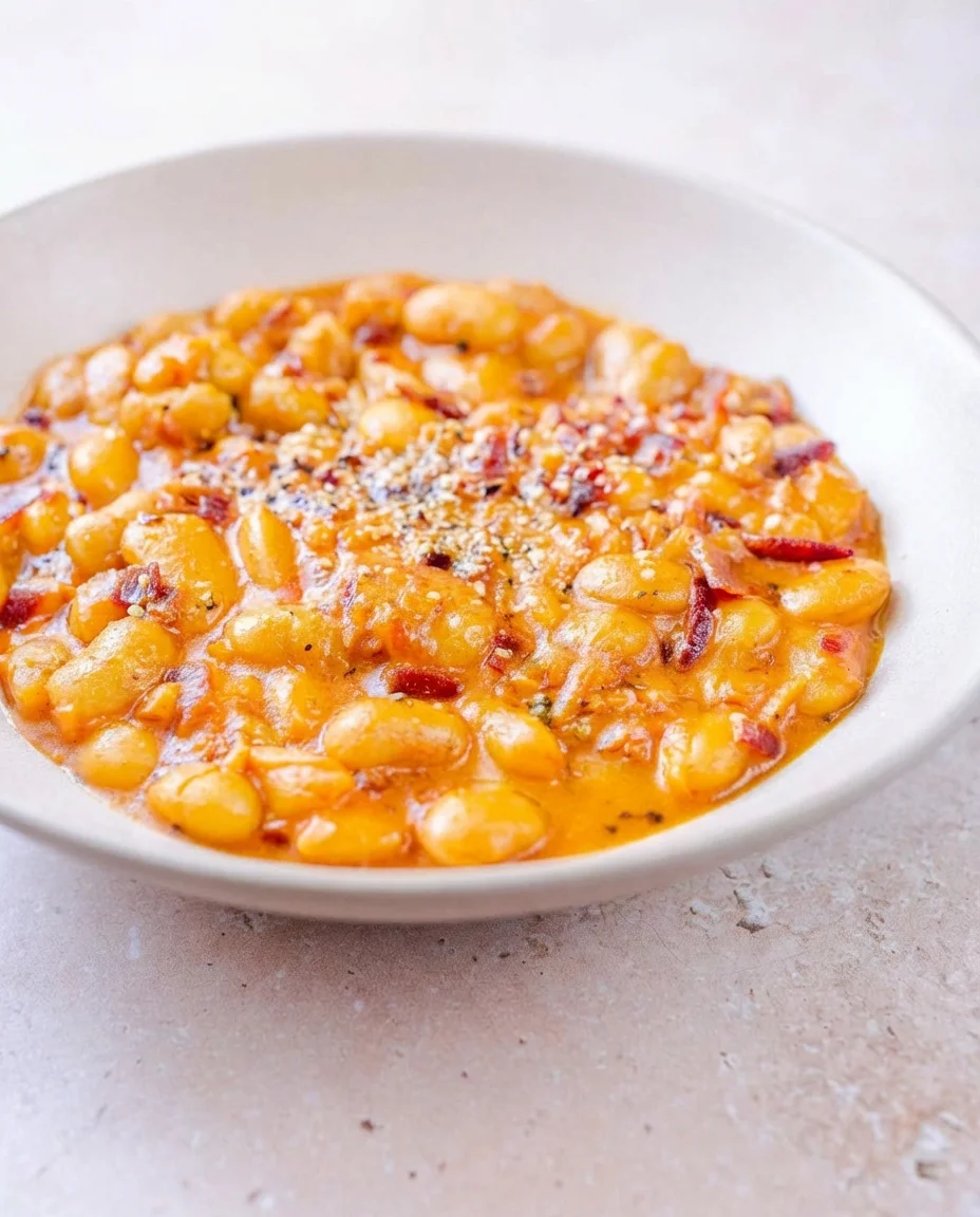 butter-beans-recipe-32.jpg Close-up of a bowl of warm peach cobbler with syrup and spices on a light surface.