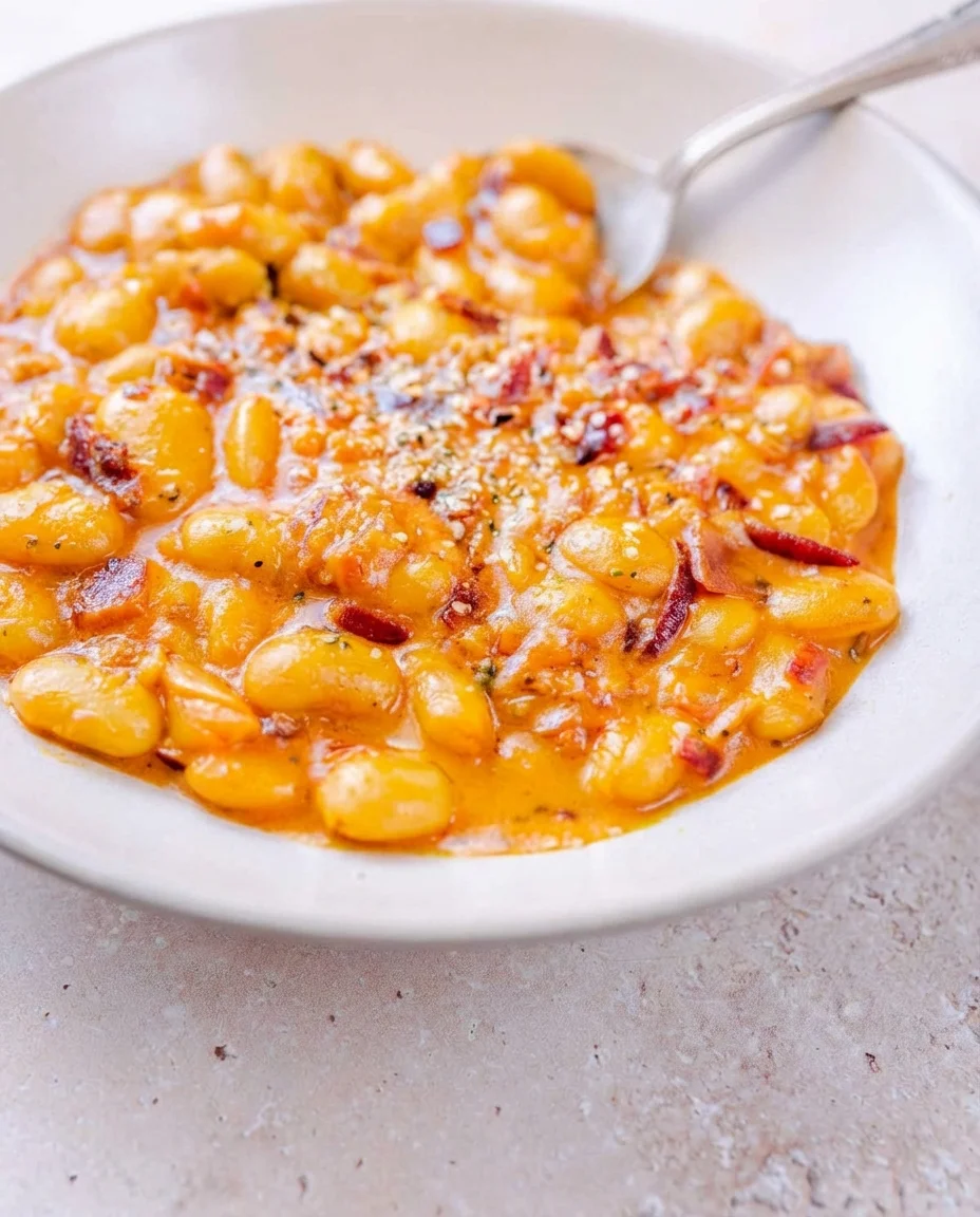 butter-beans-recipe-34.jpg Creamy baked cheese pasta with bacon bits and herbs on a white plate.