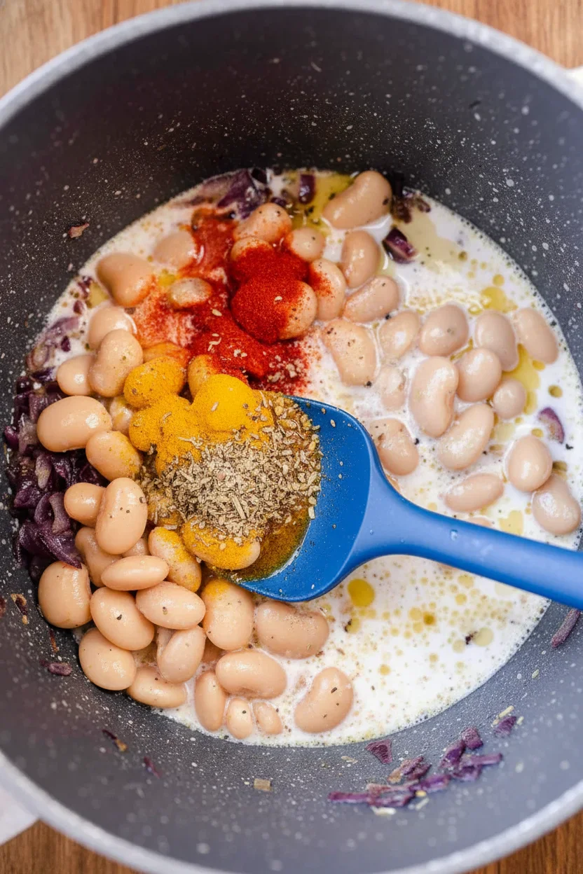 butter-beans-recipe-5.jpg A mixture of beans, spices, onions, and liquid in a cooking pot with a blue spoon.