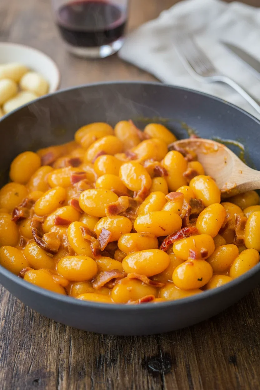 butter-beans-recipe-6.jpg Close-up of yellow gnocchi in a rich, orange sauce with bacon and red peppers, in a skillet.