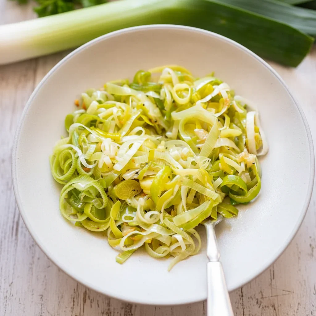 Close-up of fresh, sliced leeks with green and white layers in a white bowl.