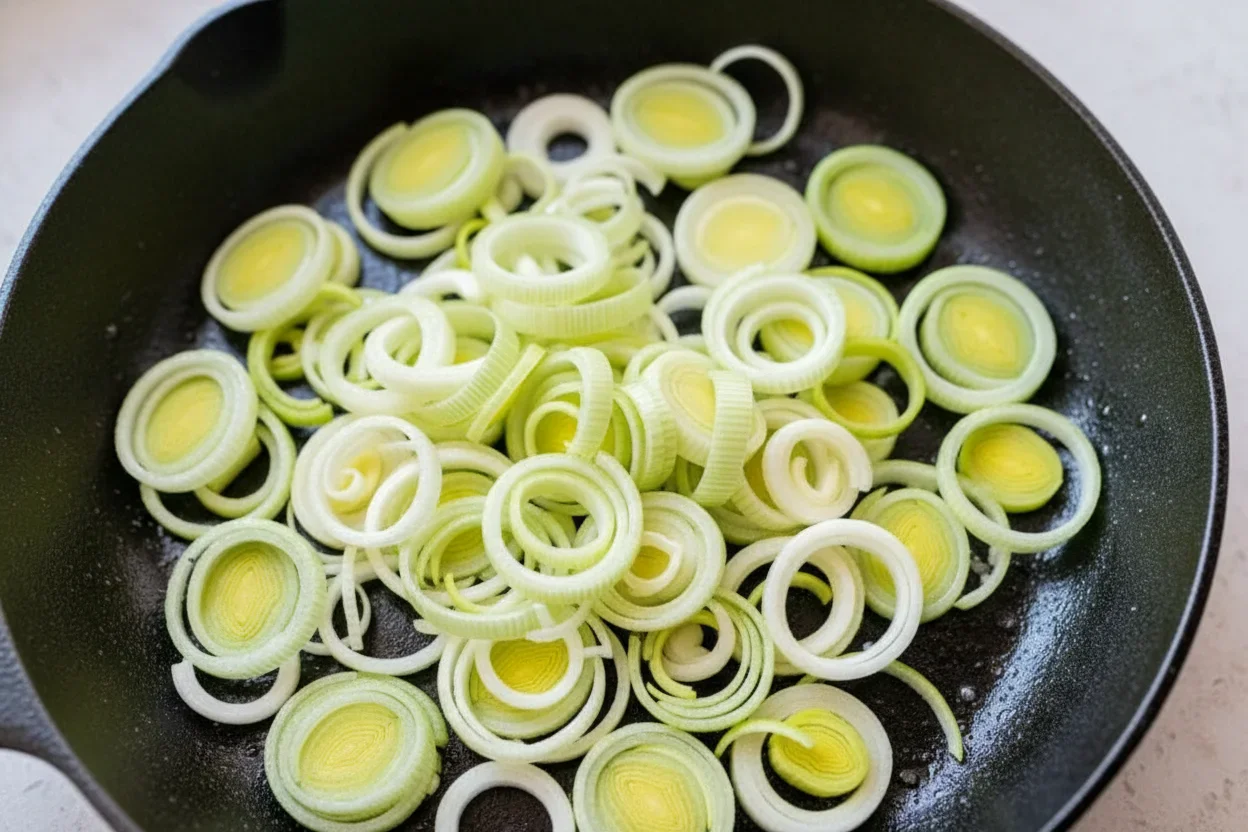 Sliced fresh leeks in a frying pan, ready for cooking, showing green and white rings.