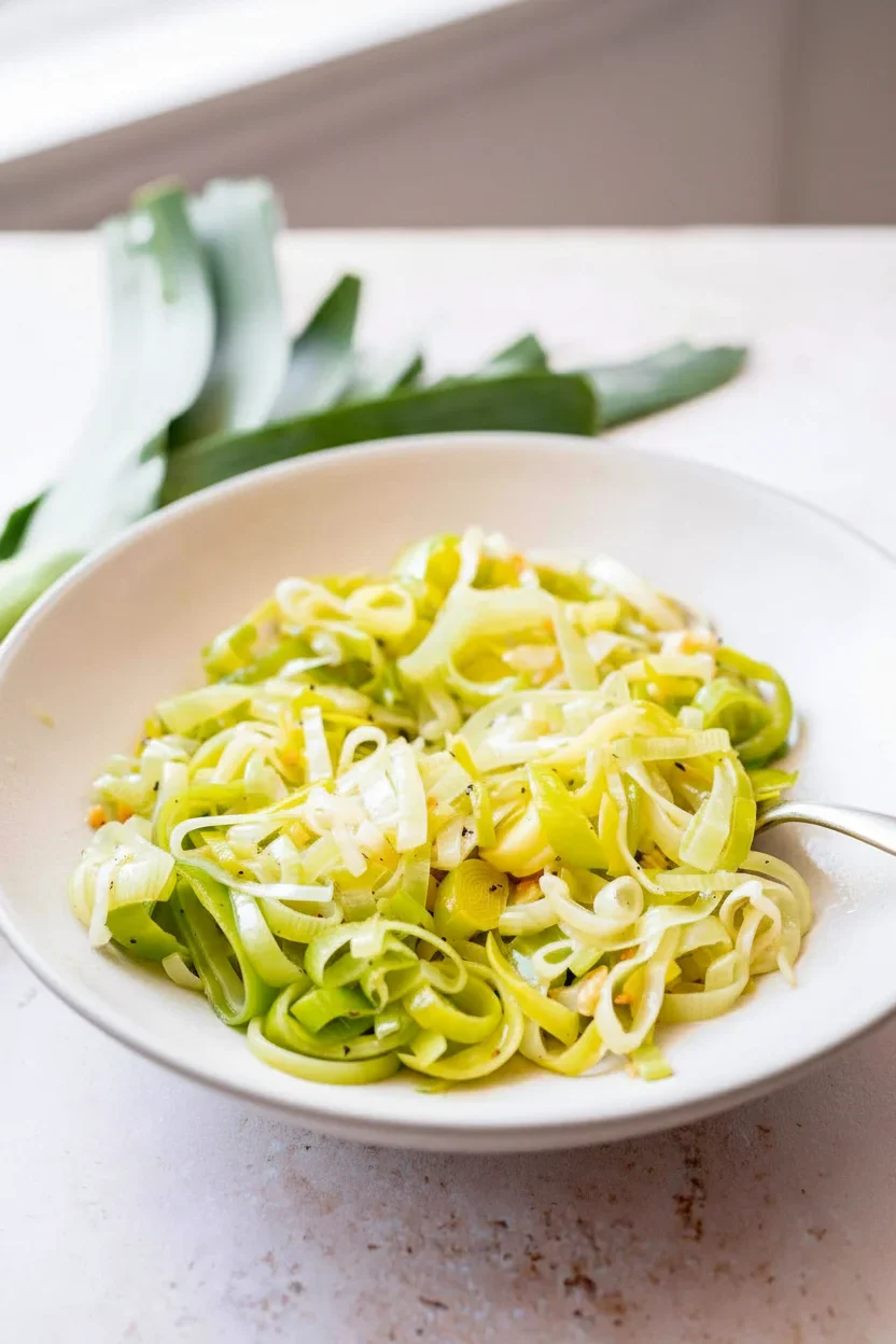 Freshly chopped leek slices in a white bowl on a light surface, with whole leeks in the background.