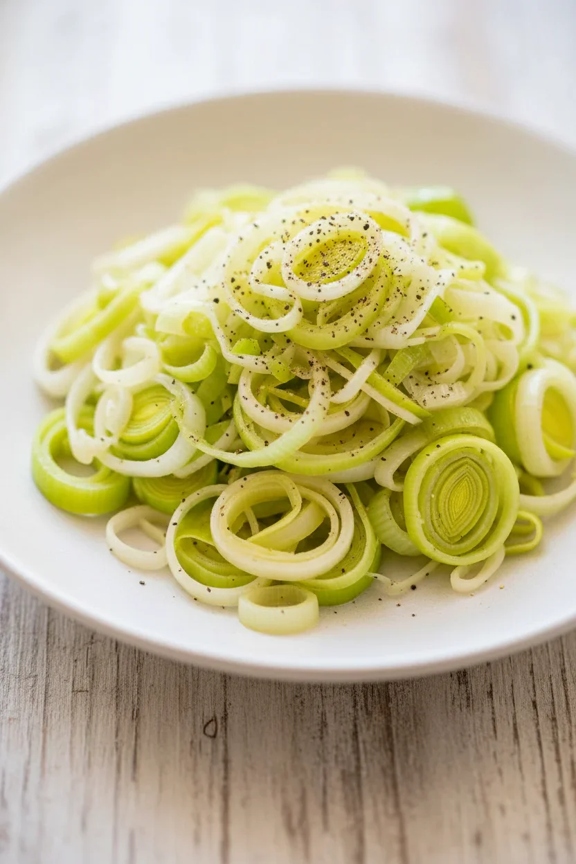 Close-up of sliced fresh green and white leeks with black pepper on a white surface.