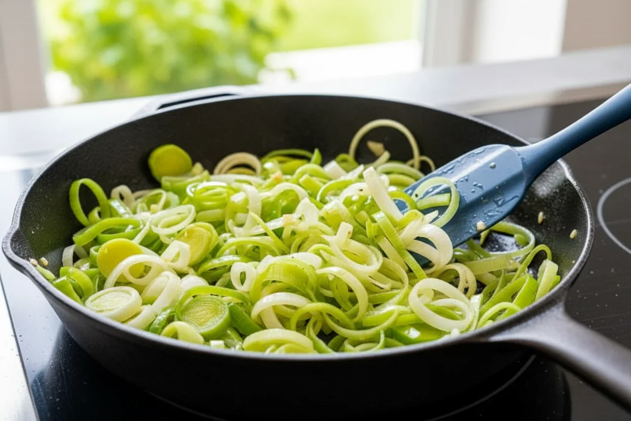 Sliced leeks being sautéed in a dark frying pan with a blue spatula, vibrant green and white colors.