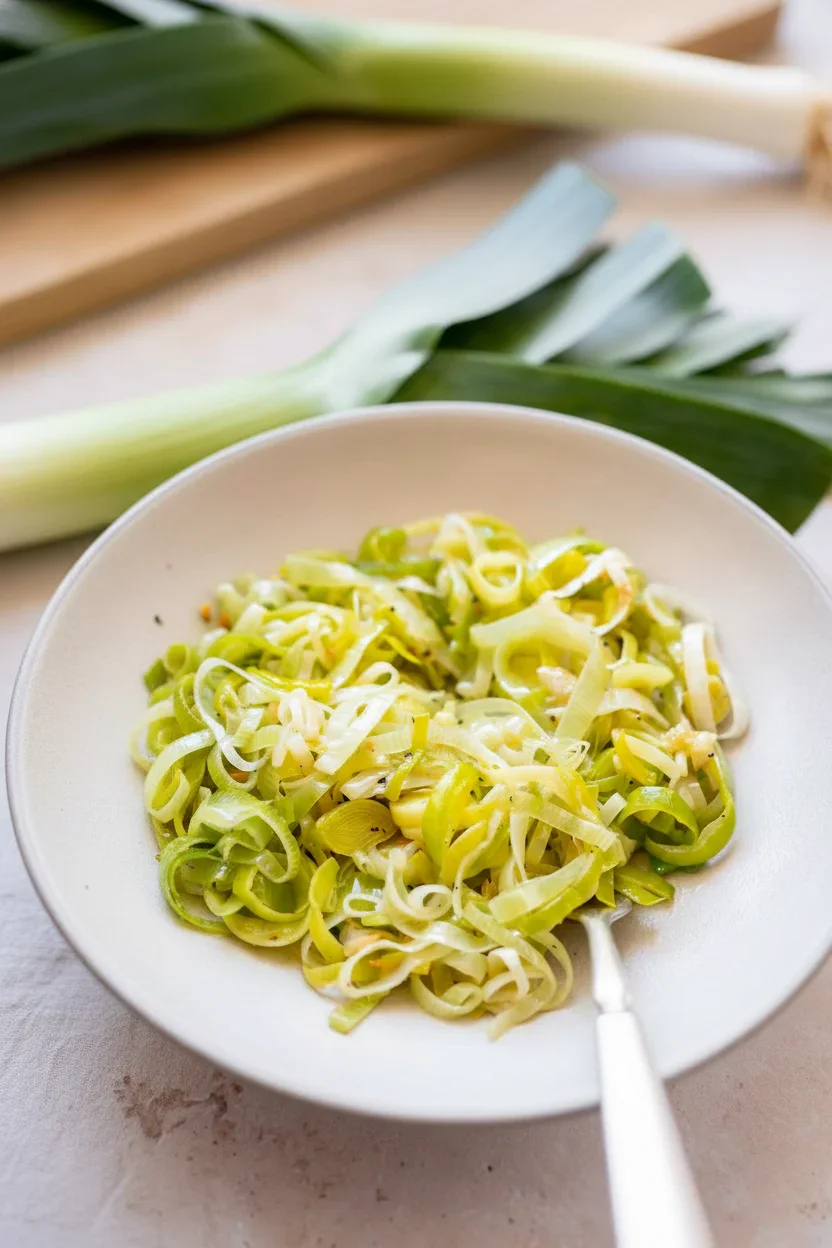 A bowl of cooked, sliced leeks with green and pale yellow colors, and a silver spoon beside it.