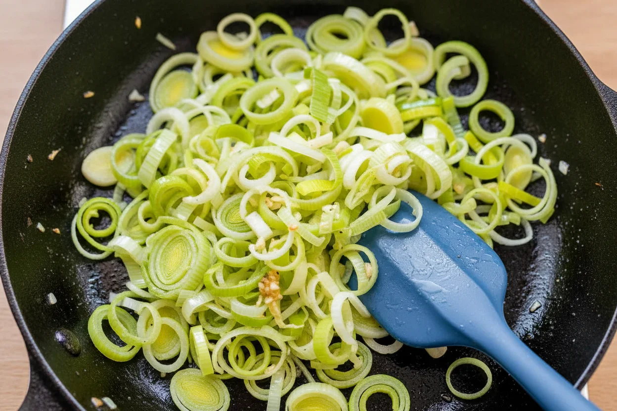 Sautéed sliced leeks and garlic in a black frying pan with a blue spatula.
