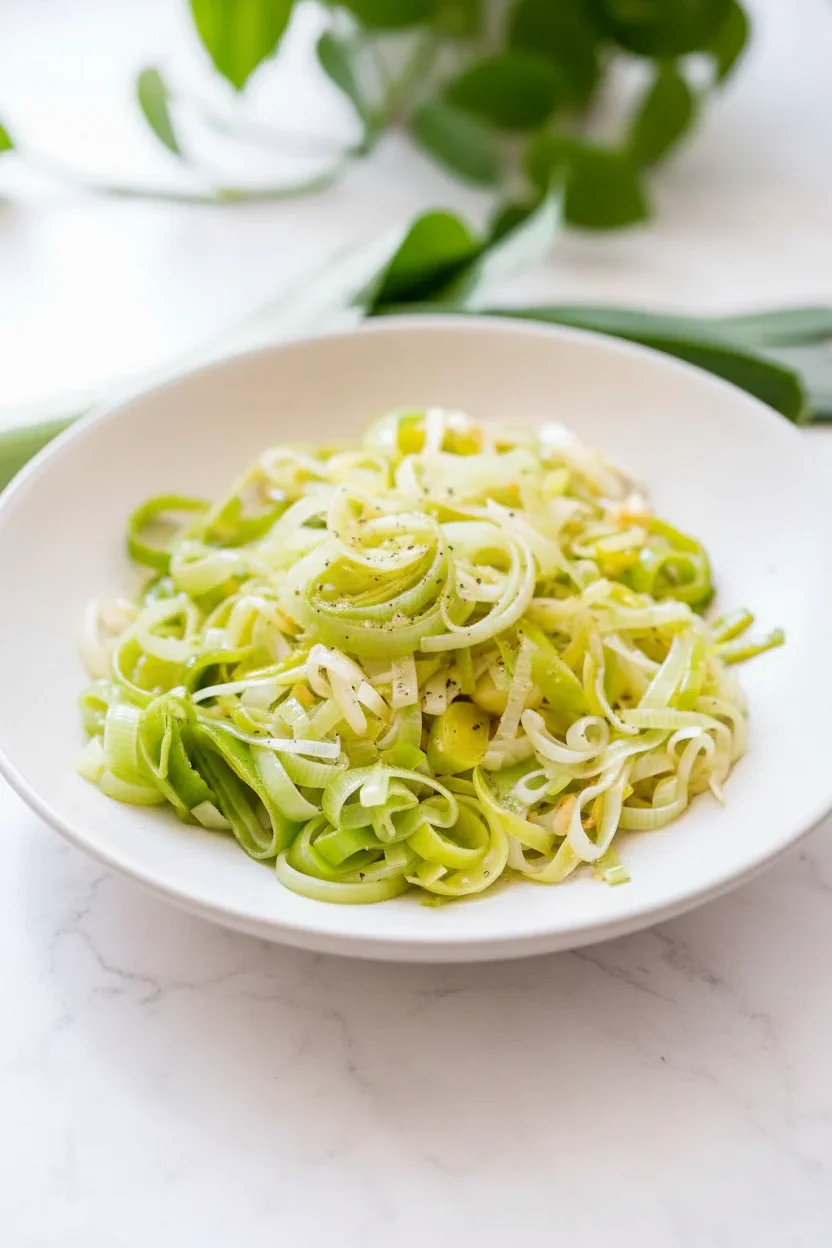 A close-up of sliced fresh leeks on a white plate with green leaves blurred in the background.