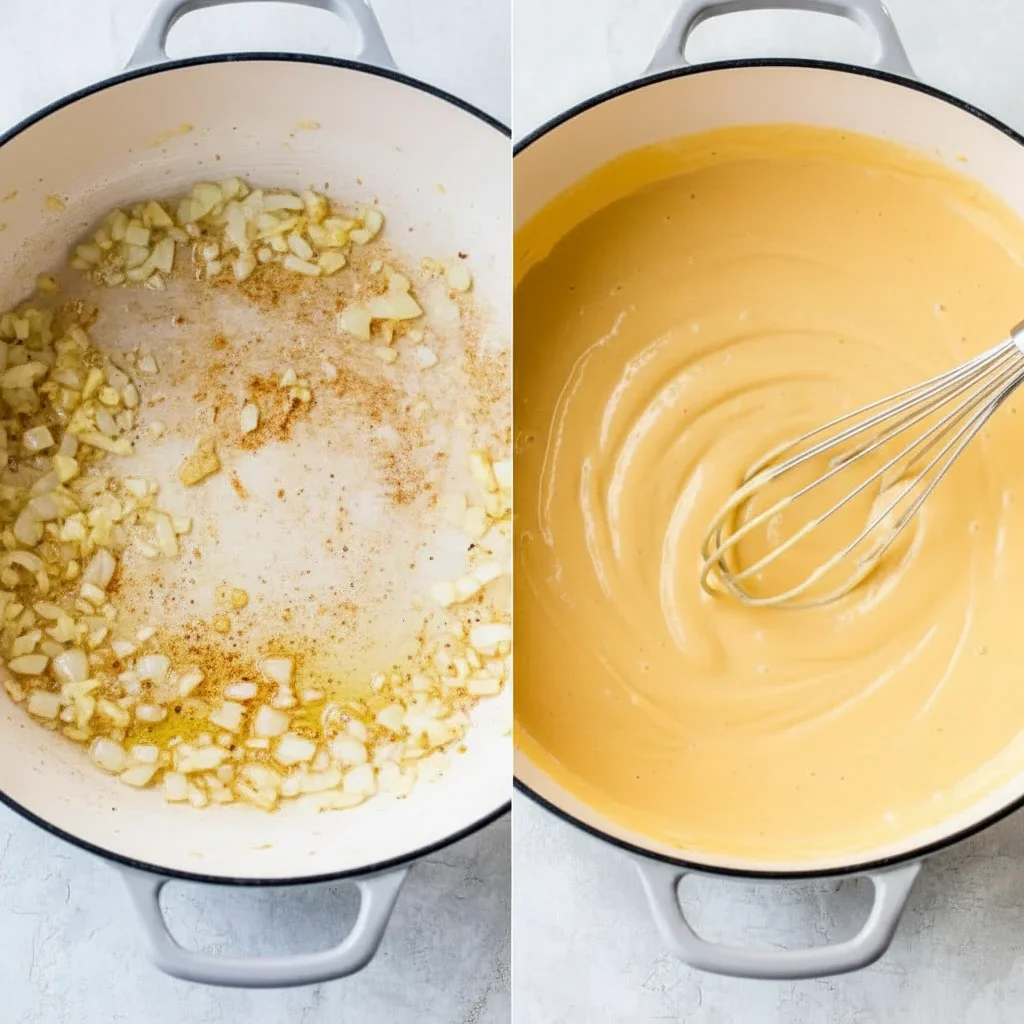 cheesycauliflowerbake10-1024x1024.jpg Split image showing sautéed onions in a pot and a blended creamy sauce with a whisk inside.