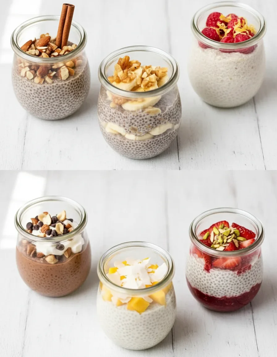 Six jars of colorful chia pudding with toppings like fruit, nuts, and chocolate chips, arranged in a grid.
