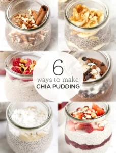 A collage of jars filled with chia pudding in various flavors.