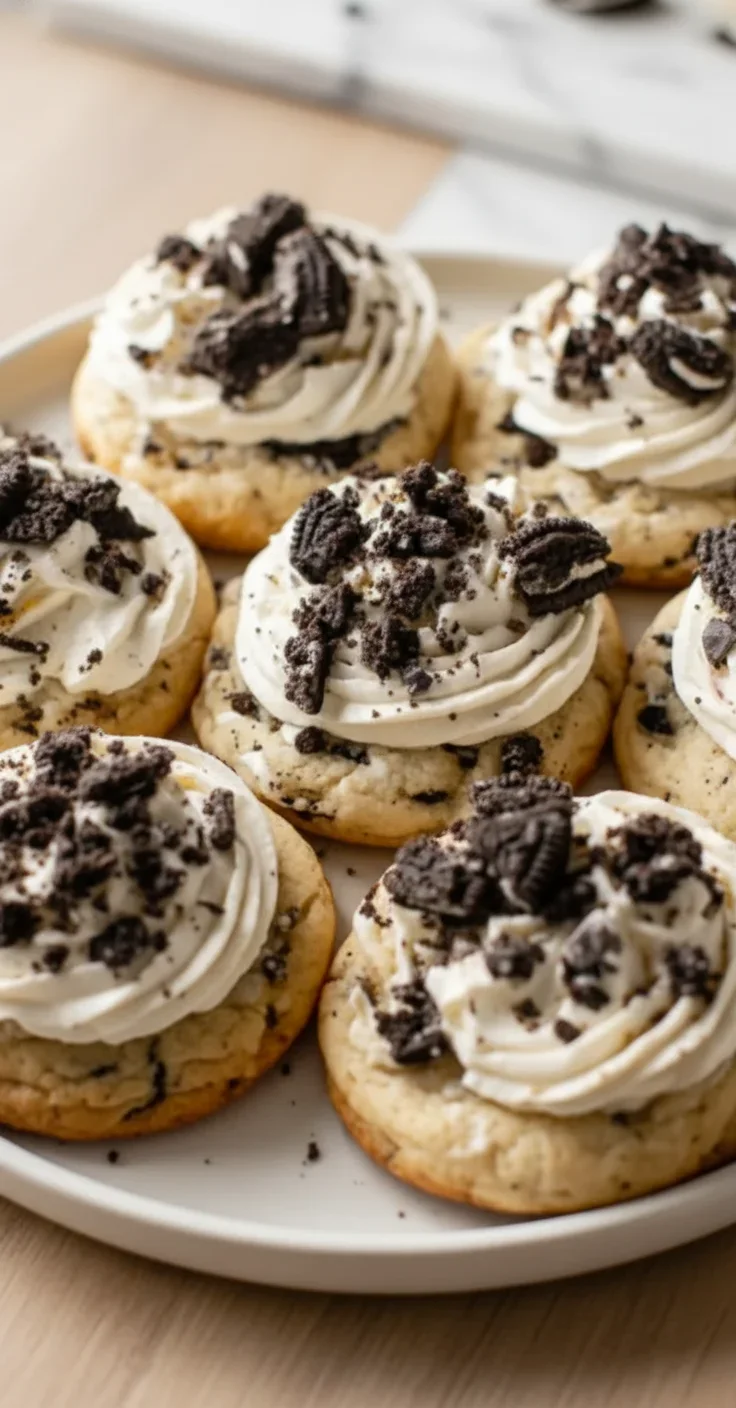 Cookies topped with whipped cream and crushed Oreo cookies on a white plate, with a text overlay at the top.
