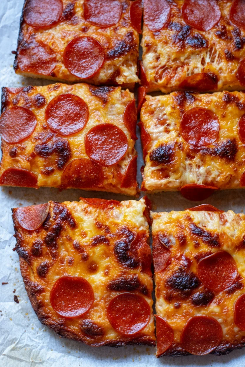 Close-up of a freshly baked pepperoni pizza with melted cheese and crispy edges, cut into square slices.