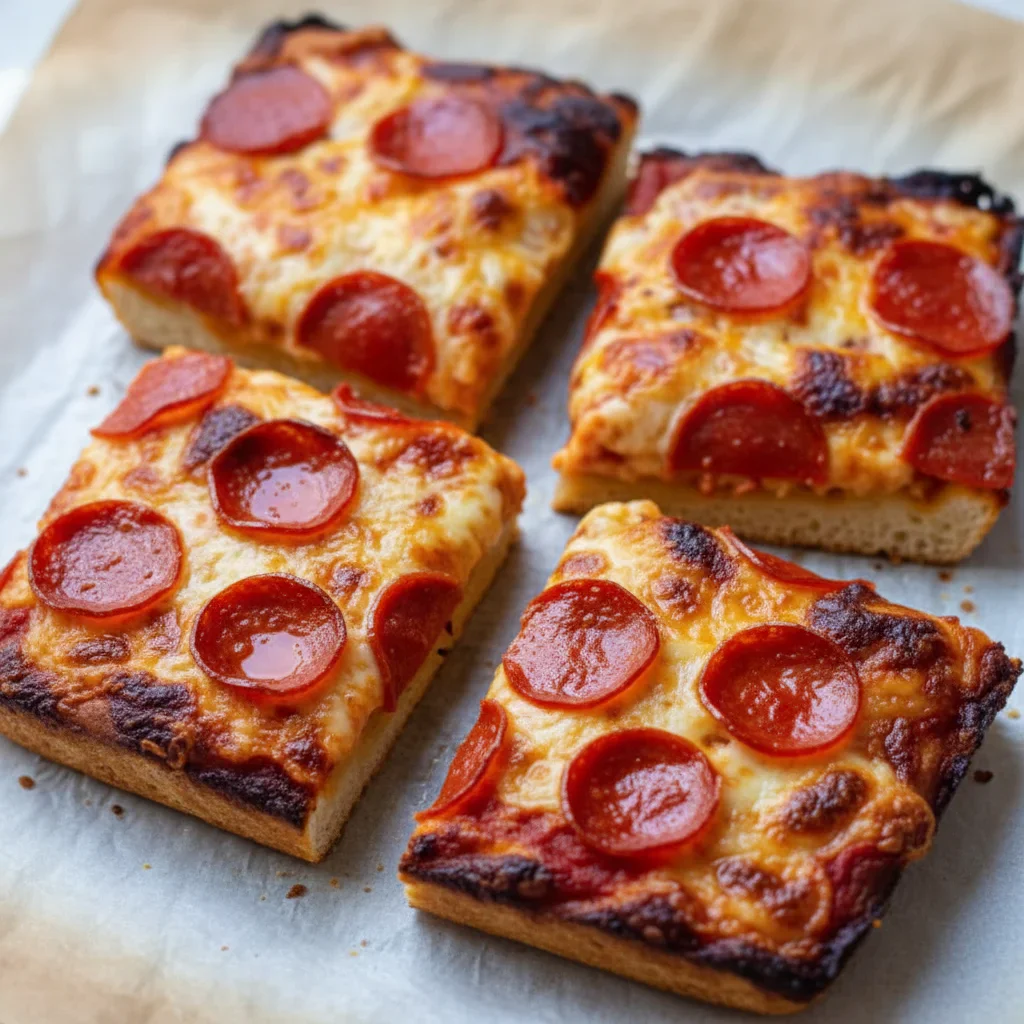 Four slices of pepperoni pizza with melted cheese and crispy crust on a light surface.