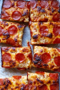 Sliced Detroit-style pizza