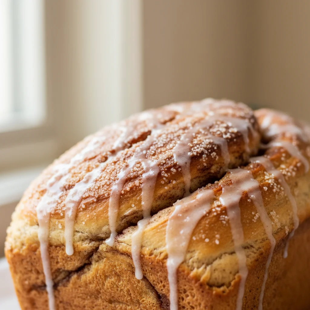Glazed sourdough cinnamon bread loaf with golden crust on clean background