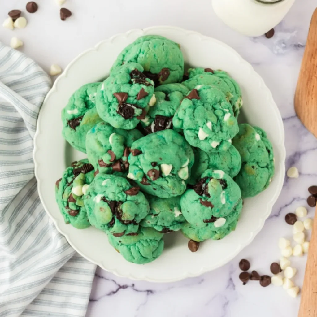 Bright green cookies with chocolate chunks and white chips on a white plate, marble surface background.