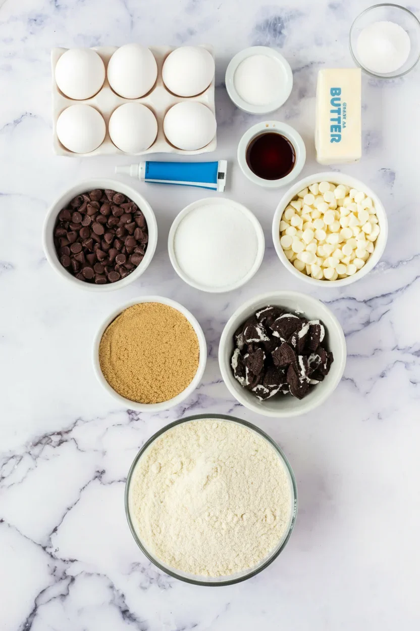 Assorted baking ingredients including eggs, flour, sugar, chocolate chips, butter, and Oreos on a marble surface.