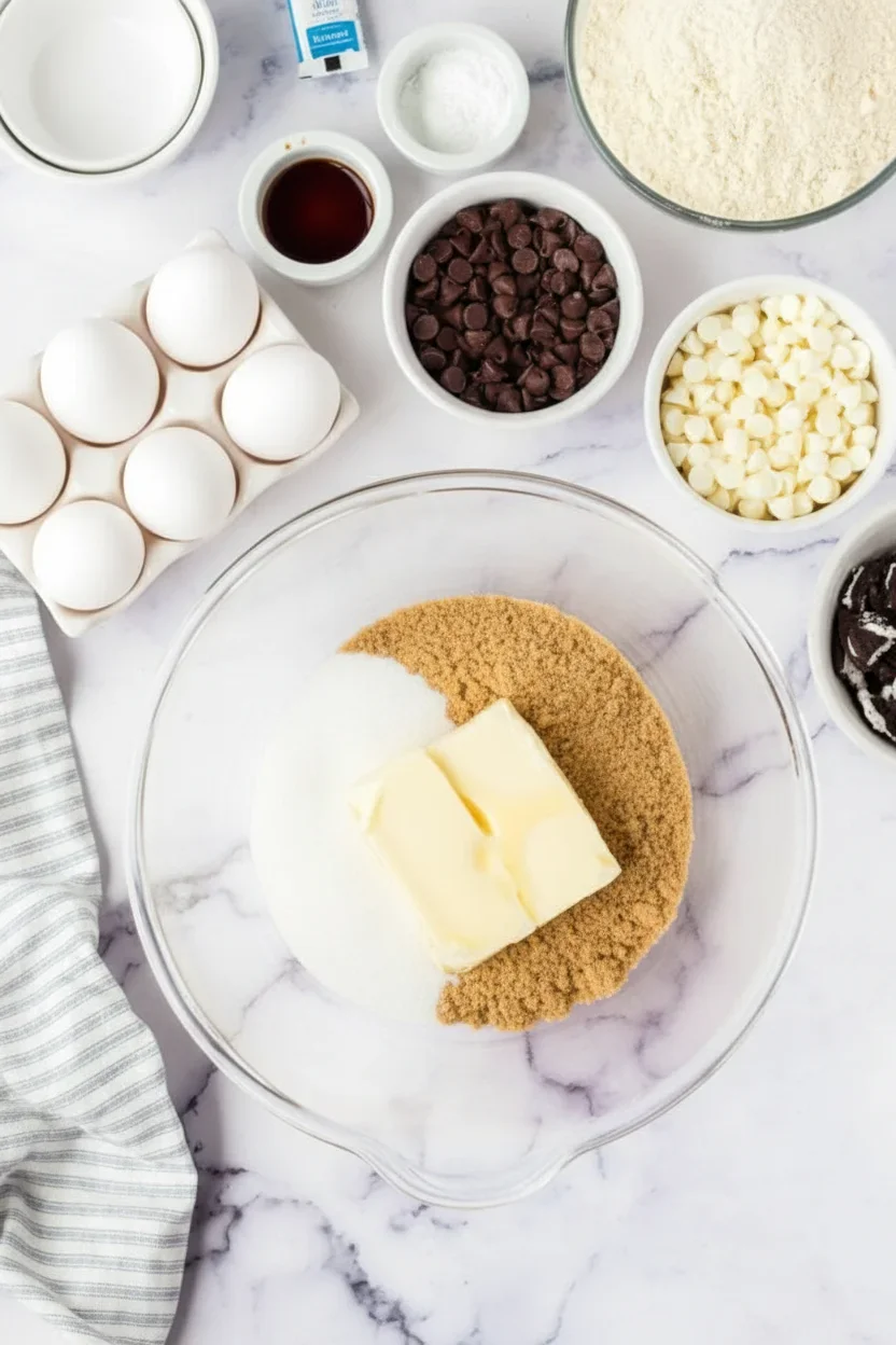 Assorted baking ingredients including butter, sugars, chocolate chips, white chocolate discs, eggs, flour, and vanilla extract on a white marble surface.