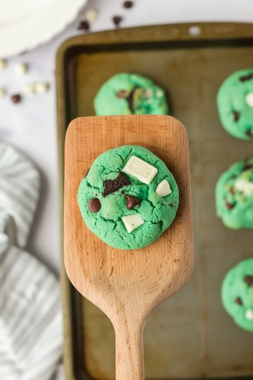 Close-up of a green cookie with chocolate chips and white chocolate chunks on a wooden spatula, with more cookies in the background.