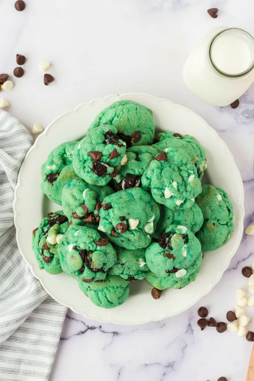 Plate of green cookies with chocolate chunks, scattered chips, and a glass of milk on a white marble surface.