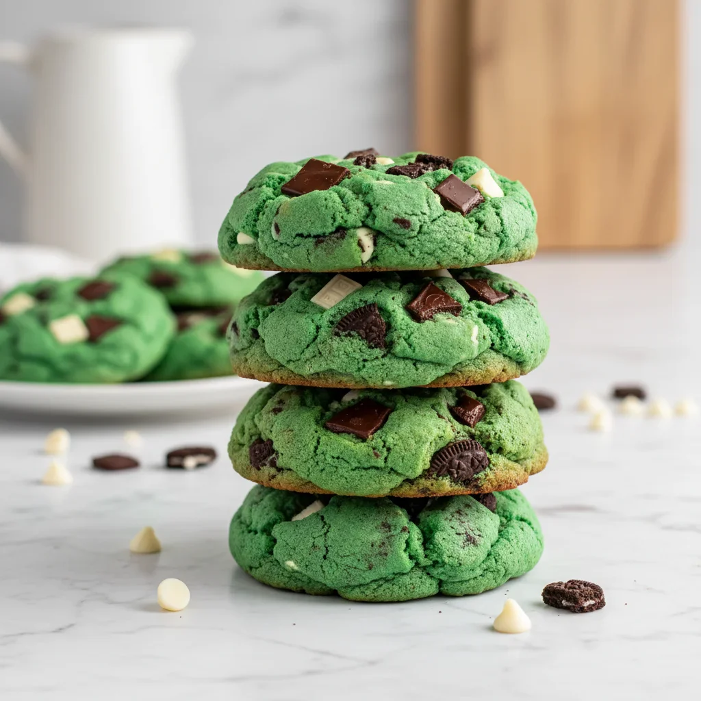 Stack of four green cookies with chocolate chunks on a white marble surface, with more cookies and chips in background.