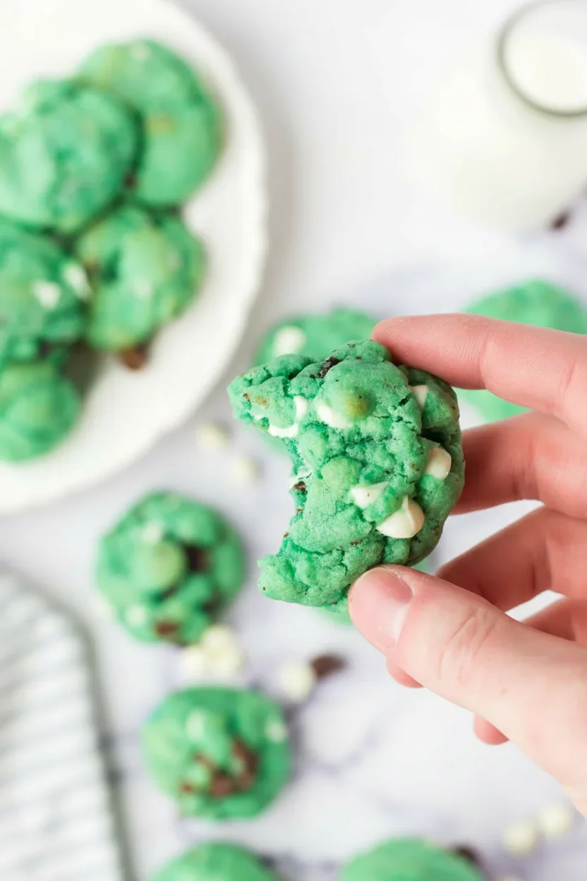 Close-up of a hand holding a green cookie with white chocolate chips, with more cookies on a plate in the background.