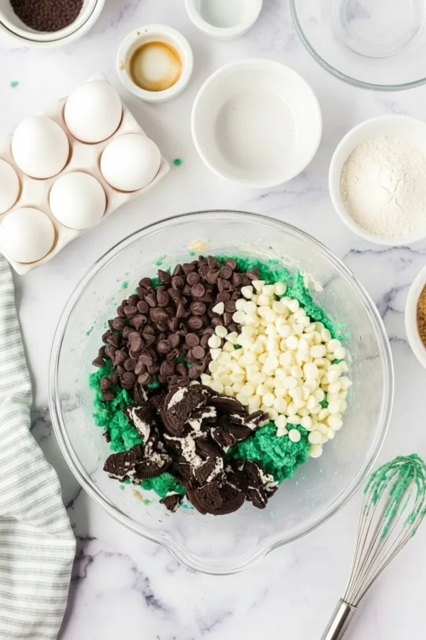 Mixing bowl with green dough, chocolate chips, white chocolate chips, and crushed Oreos, surrounded by eggs and bowls.