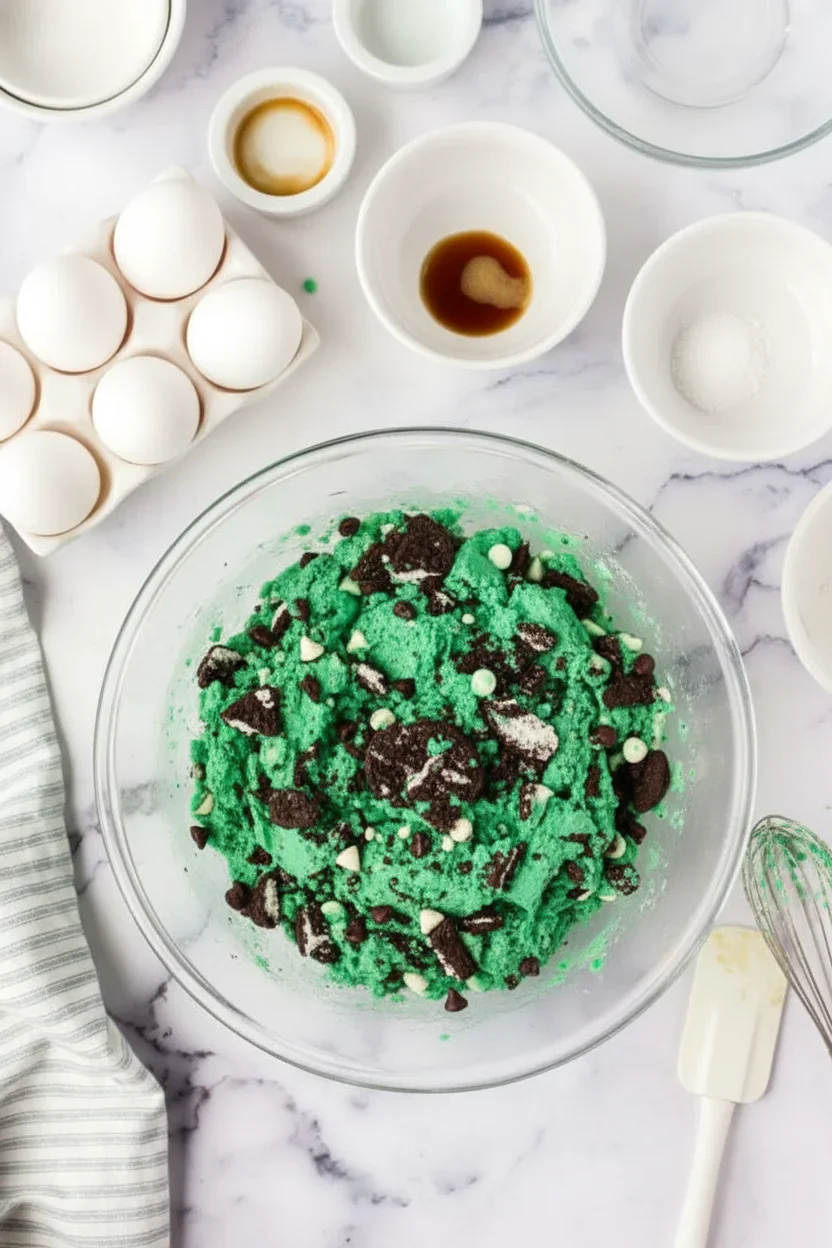 Bright green cookie dough with chocolate chips in a glass bowl, surrounded by eggs and baking ingredients on a marble countertop.